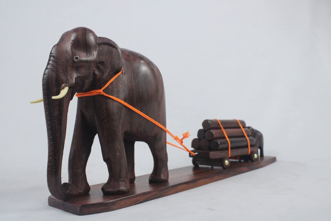 Elephant Cart Figurine: A Mother and Calf Pulling a Loaded Wooden Cart Size: 14 Inches