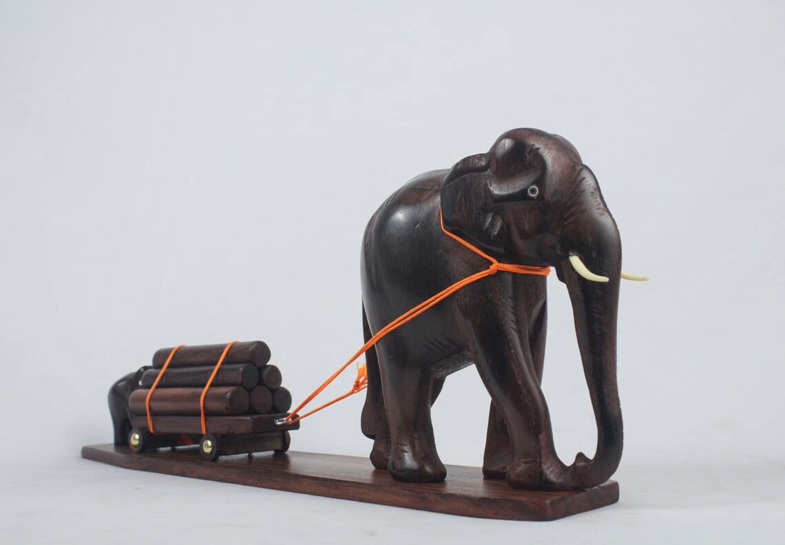 Elephant Cart Figurine: A Mother and Calf Pulling a Loaded Wooden Cart Size: 14 Inches