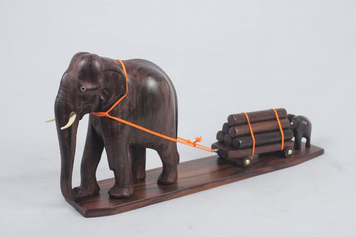 Elephant Cart Figurine: A Mother and Calf Pulling a Loaded Wooden Cart Size: 14 Inches