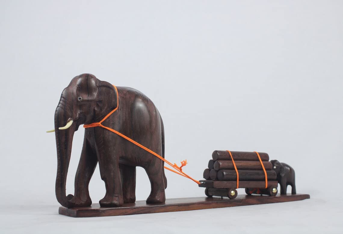 Elephant Cart Figurine: A Mother and Calf Pulling a Loaded Wooden Cart Size: 14 Inches