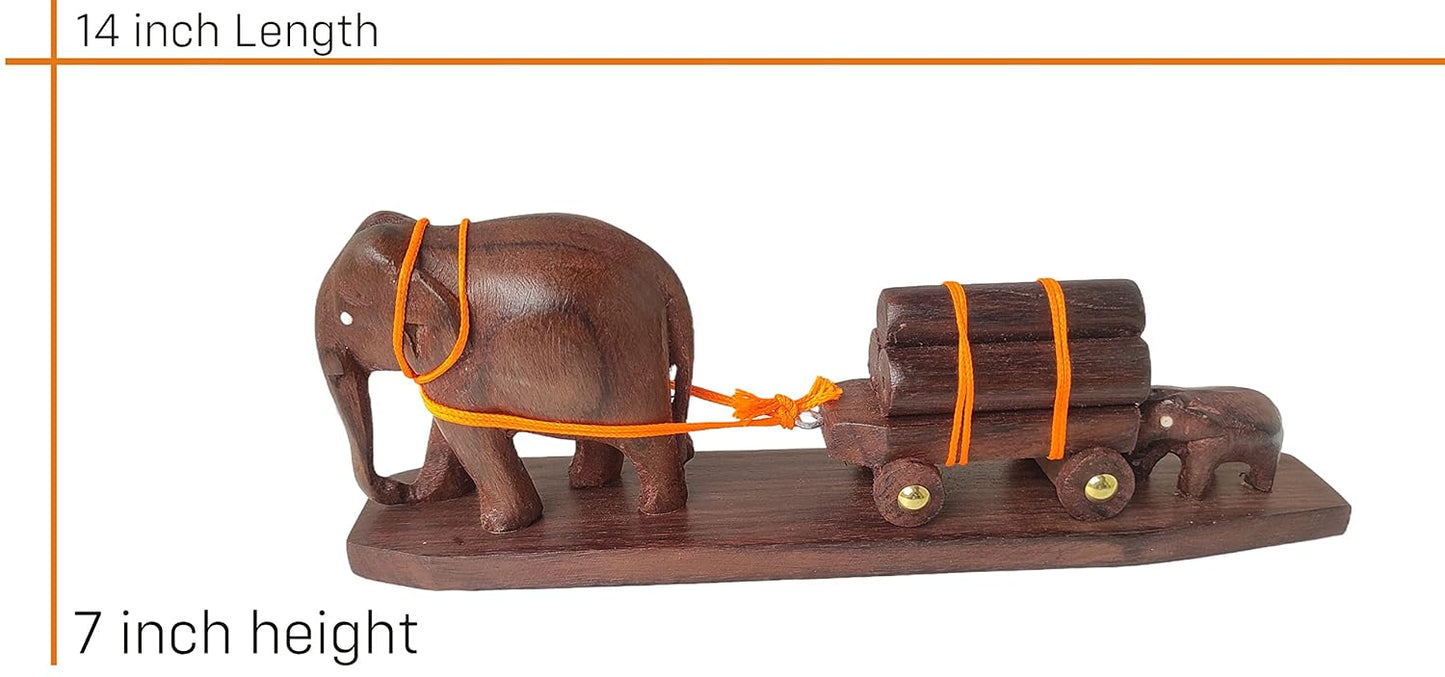 Elephant Cart Figurine: A Mother and Calf Pulling a Loaded Wooden Cart Size: 14 Inches