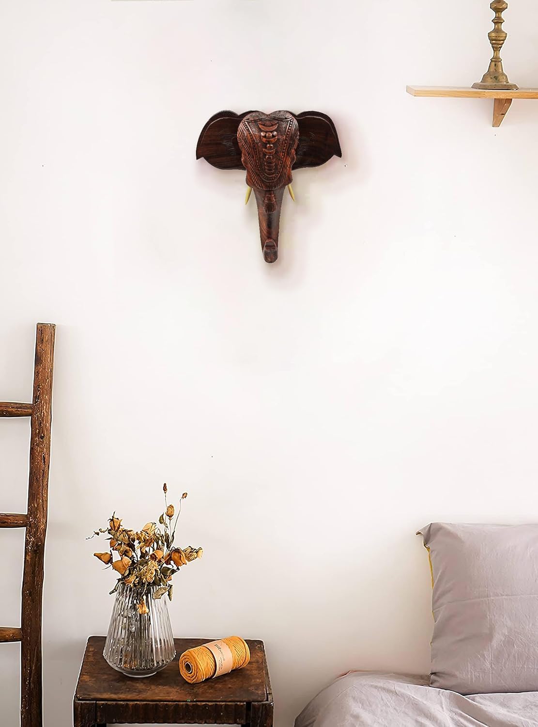 Wooden Hand-Carved Kerala Elephant Head for Wall Decor and Gifting (14 Inches)