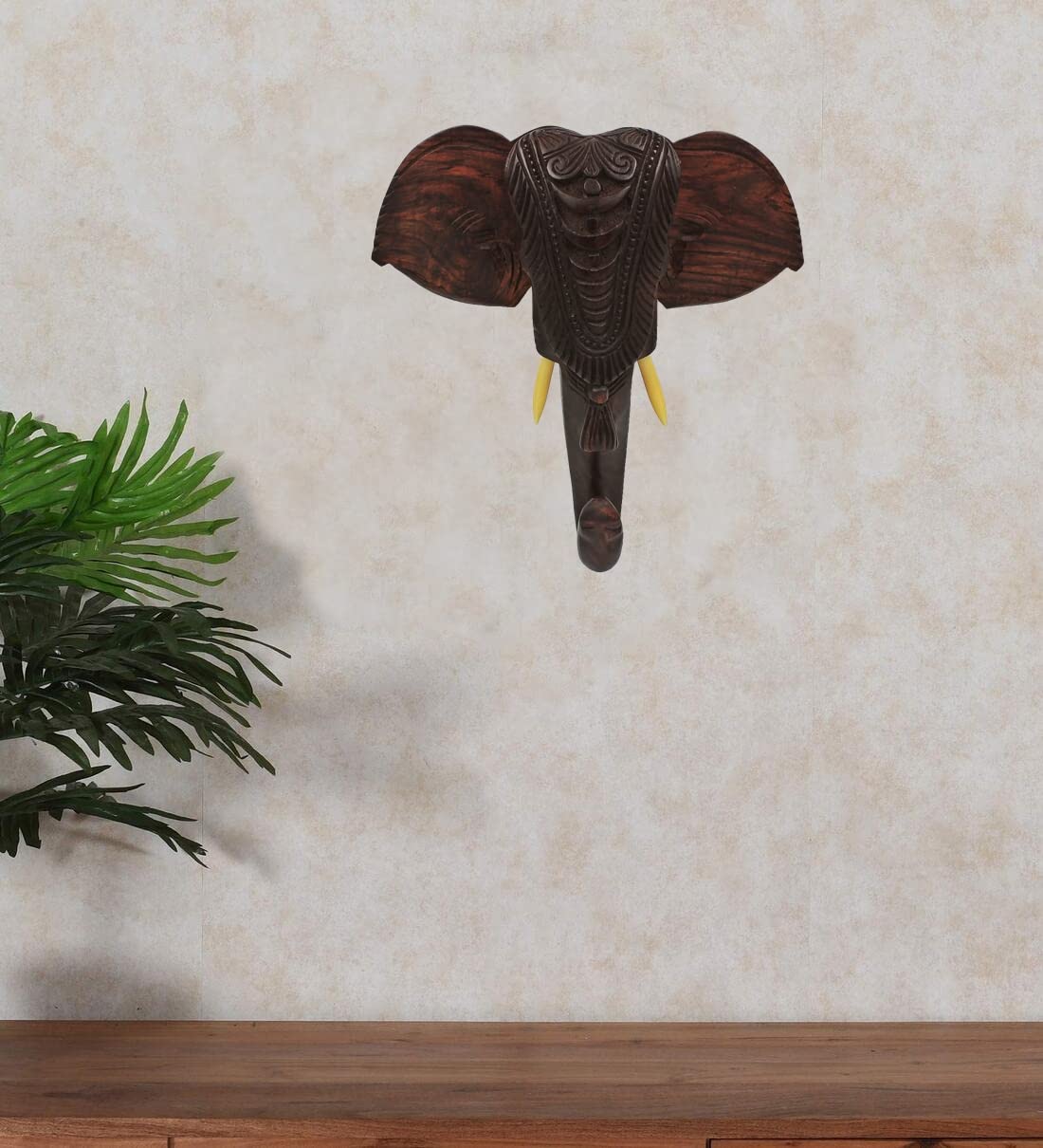 Wooden Hand-Carved Kerala Elephant Head for Wall Decor and Gifting (14 Inches)