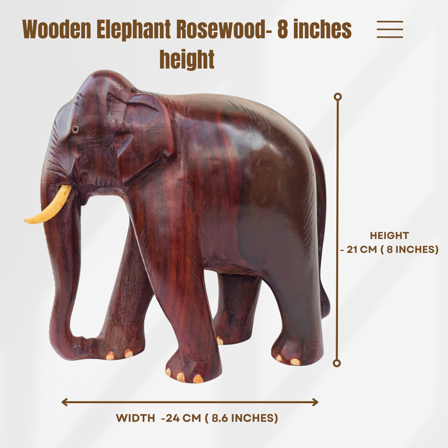 8-Inch Handcrafted Wooden Elephant Showpiece – Kerala Artisan Decor for Home & Gifting