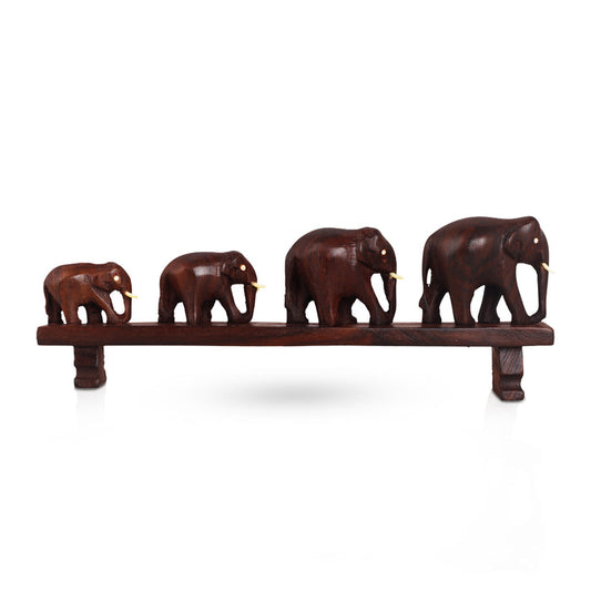 Handcrafted Rosewood Elephant Family Figurine – Four Elephants Crossing a Bridge | Kerala Traditional Decor