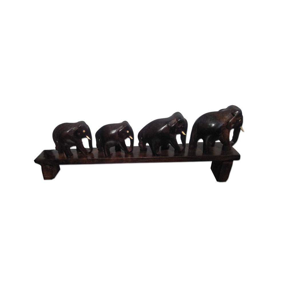 Handcrafted Rosewood Elephant Family Figurine – Four Elephants Crossing a Bridge | Kerala Traditional Decor