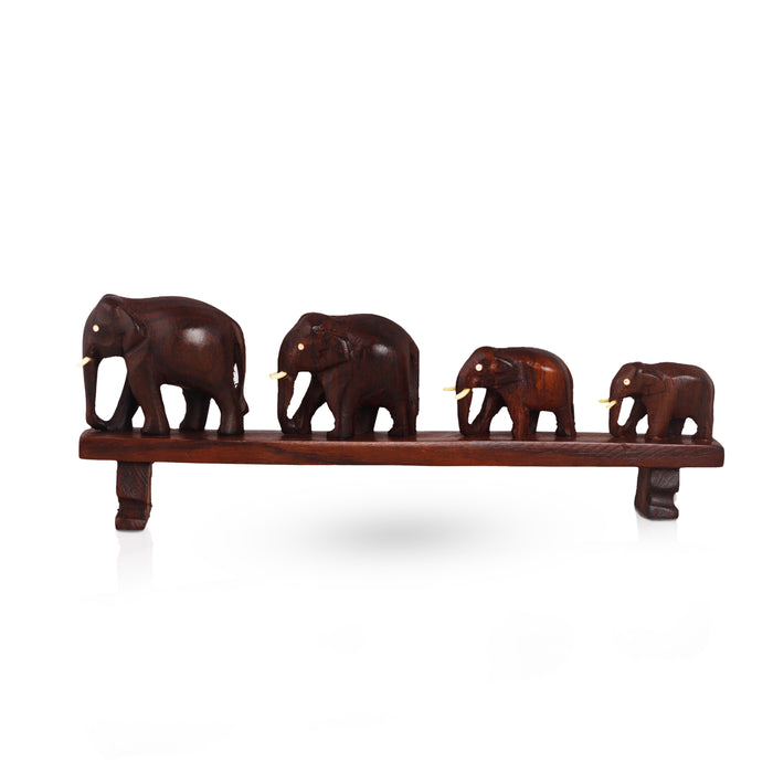 Handcrafted Rosewood Elephant Family Figurine – Four Elephants Crossing a Bridge | Kerala Traditional Decor
