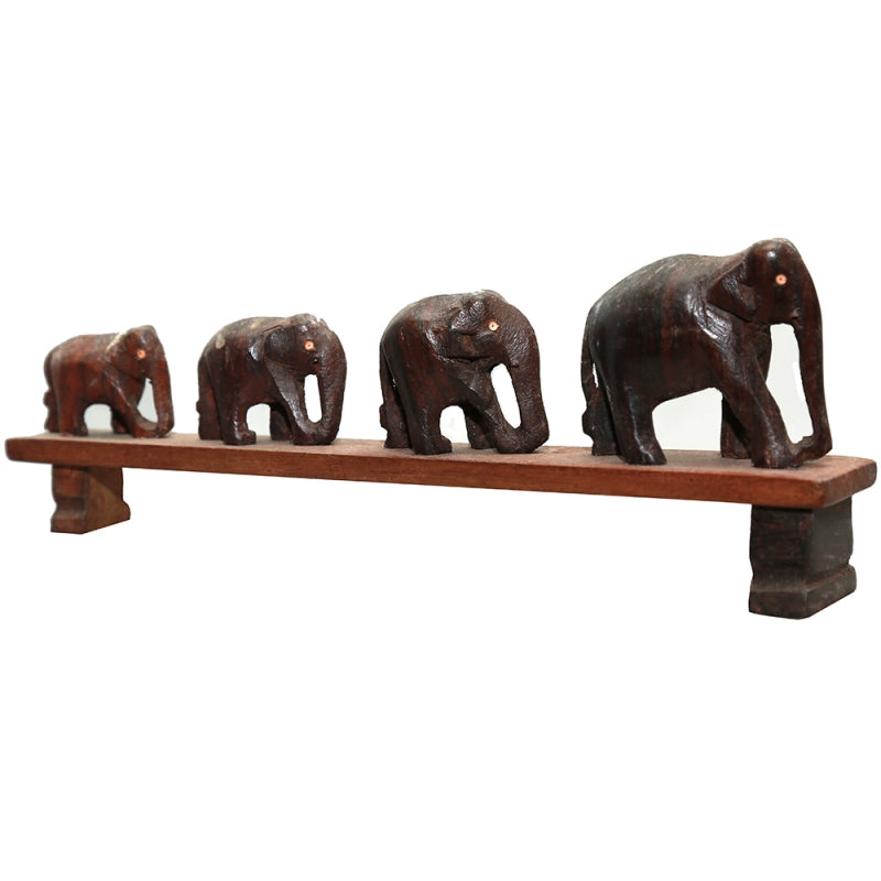 Handcrafted Rosewood Elephant Family Figurine – Four Elephants Crossing a Bridge | Kerala Traditional Decor