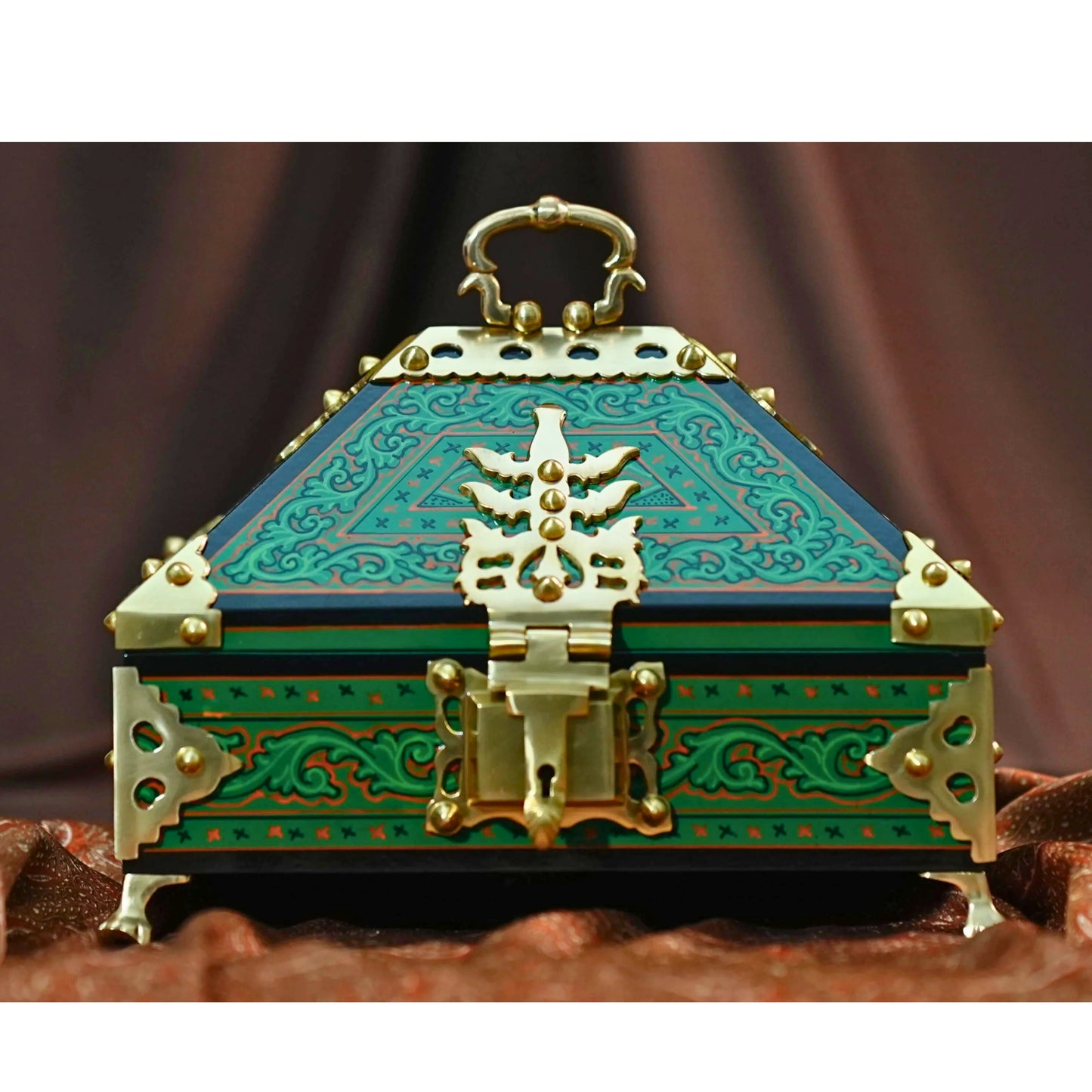 Green Nettoor Petti with Mural Painting and Brass Accents (Kerala Traditional Jewel Box)