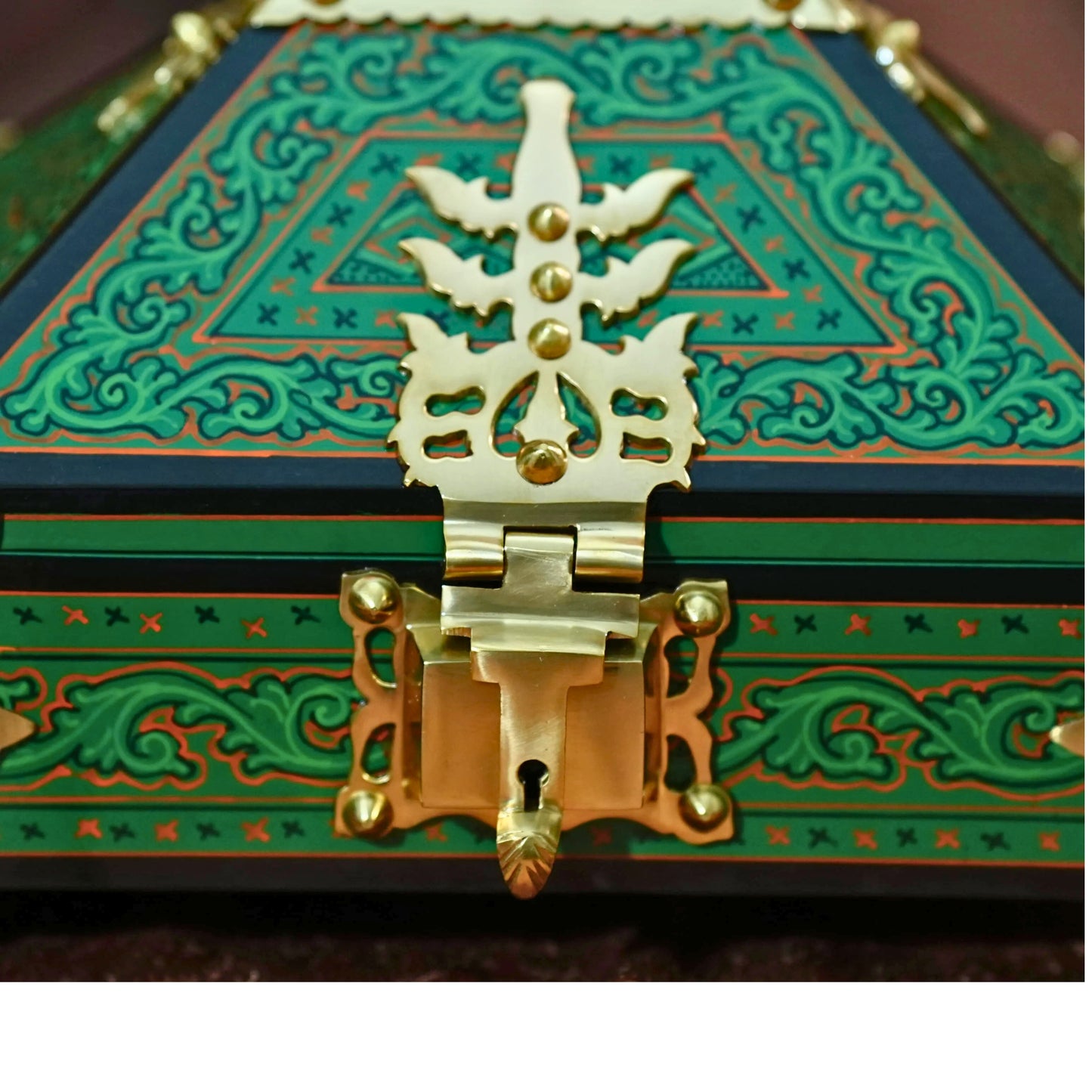 Green Nettoor Petti with Mural Painting and Brass Accents (Kerala Traditional Jewel Box)