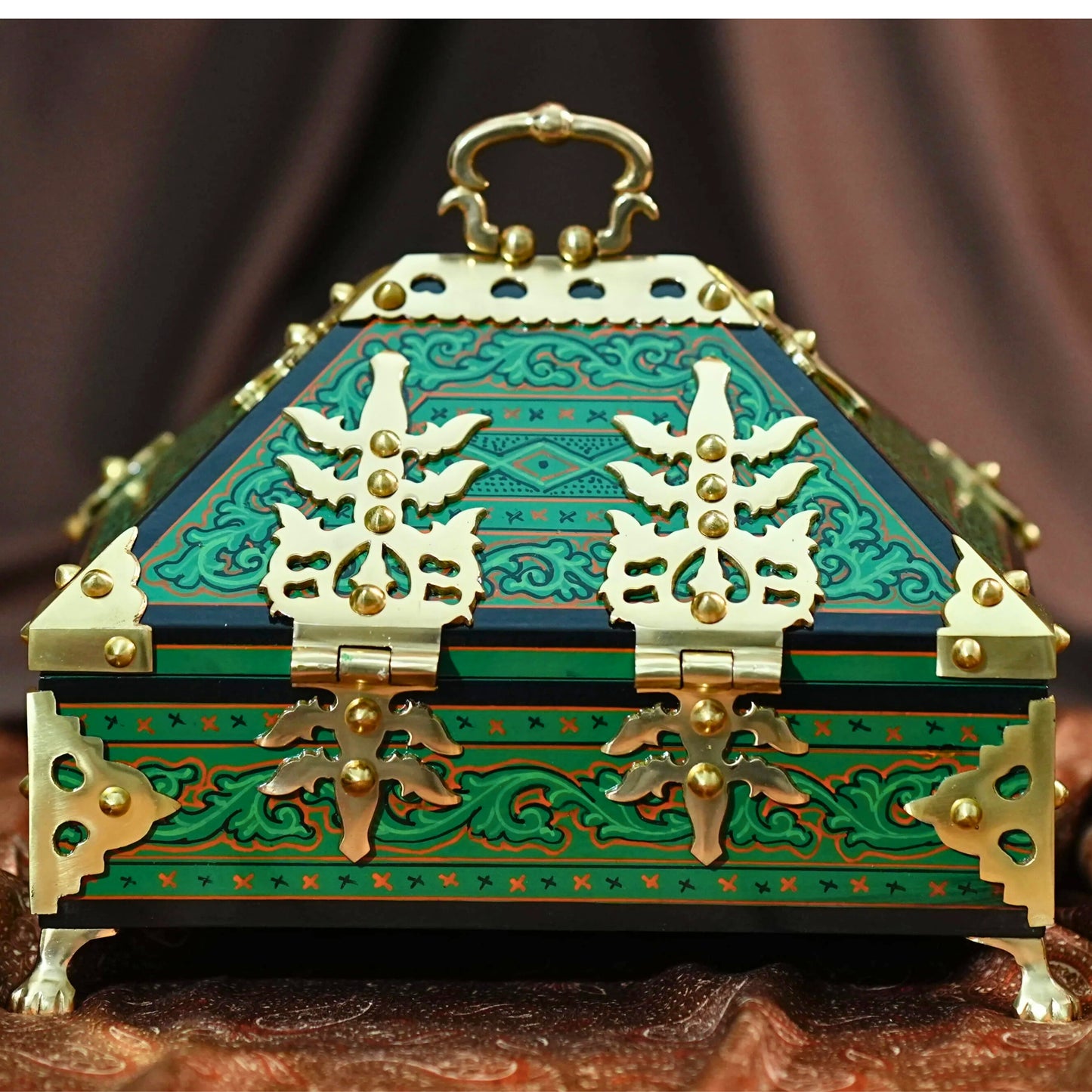 Green Nettoor Petti with Mural Painting and Brass Accents (Kerala Traditional Jewel Box)