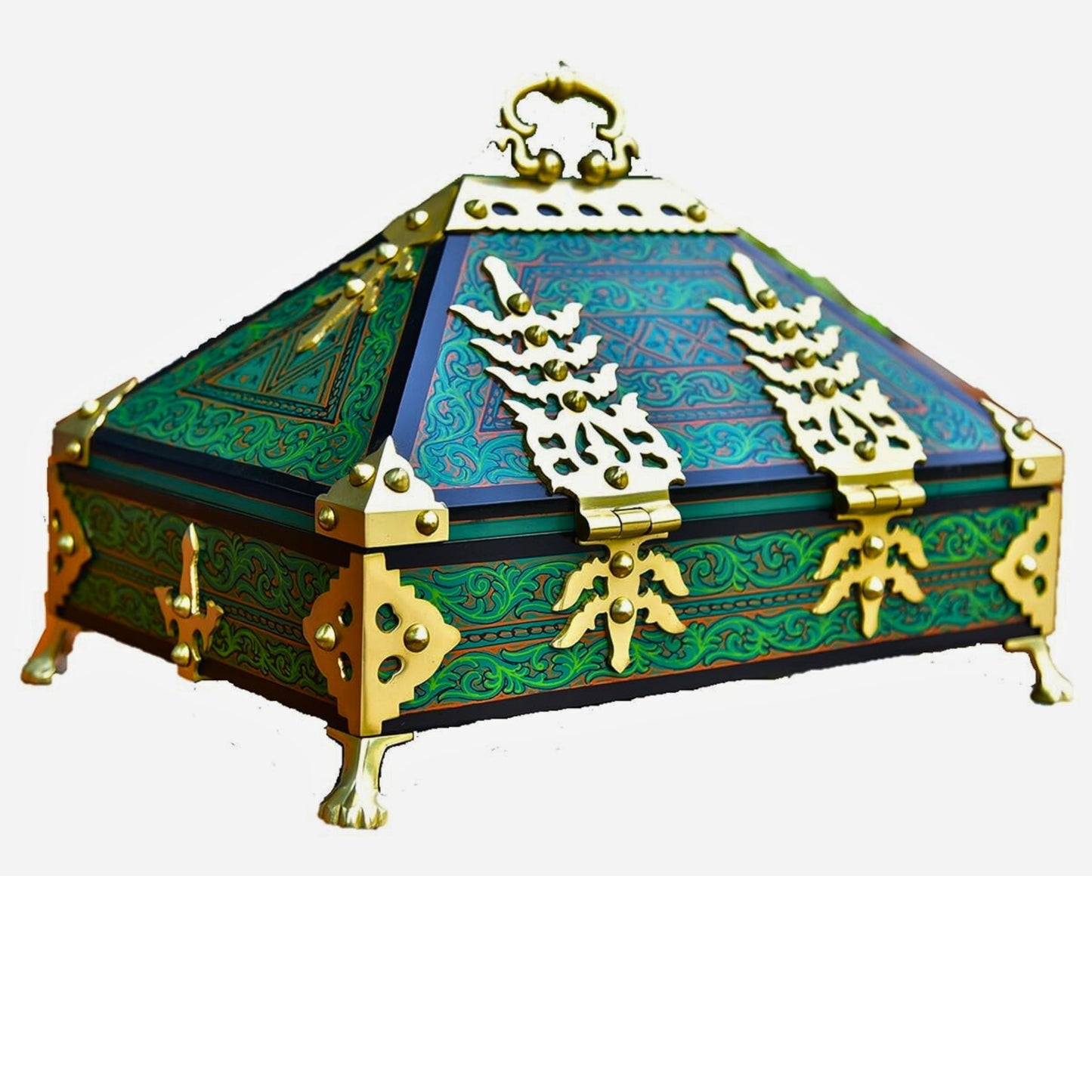 Green Nettoor Petti with Mural Painting and Brass Accents (Kerala Traditional Jewel Box)