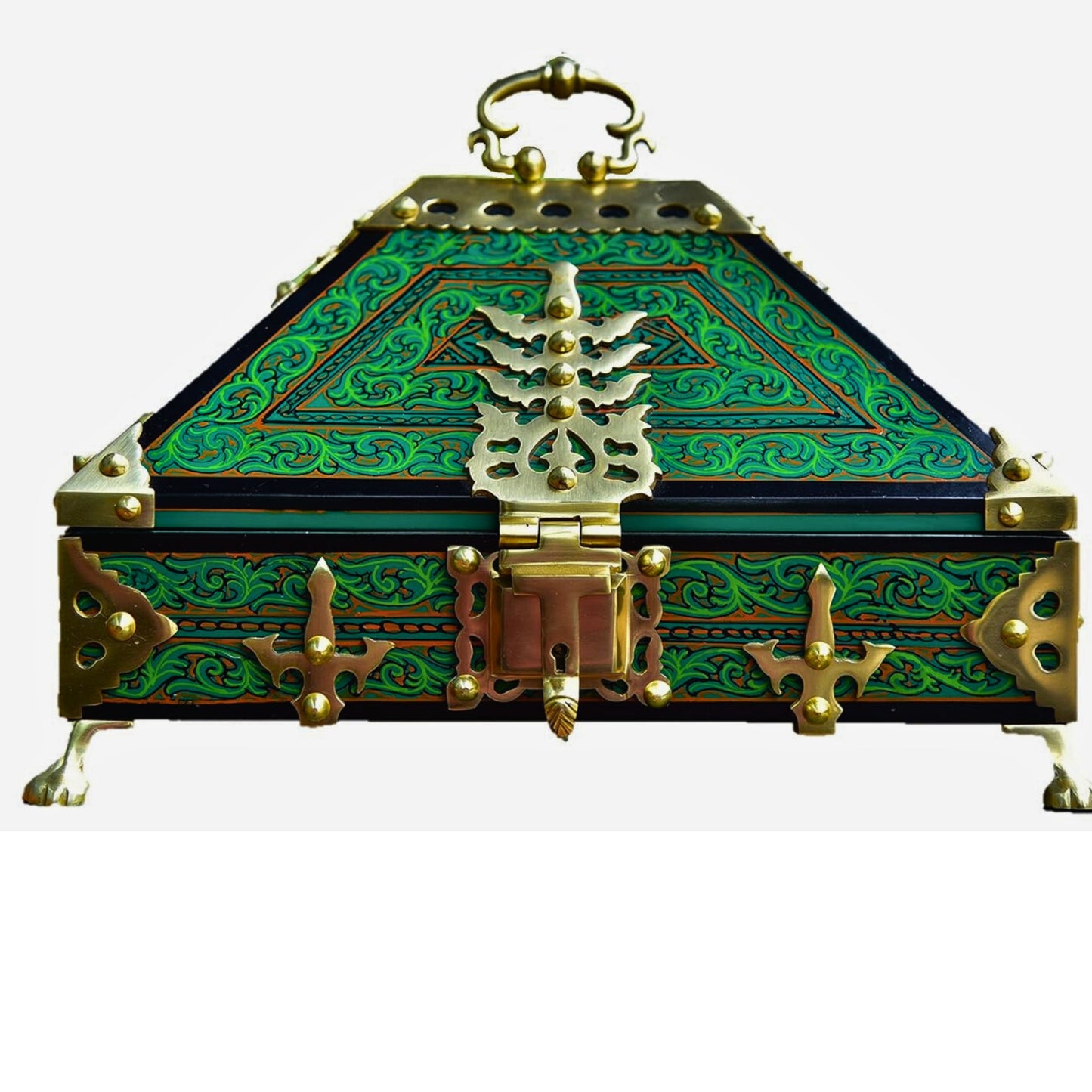 Green Nettoor Petti with Mural Painting and Brass Accents (Kerala Traditional Jewel Box)