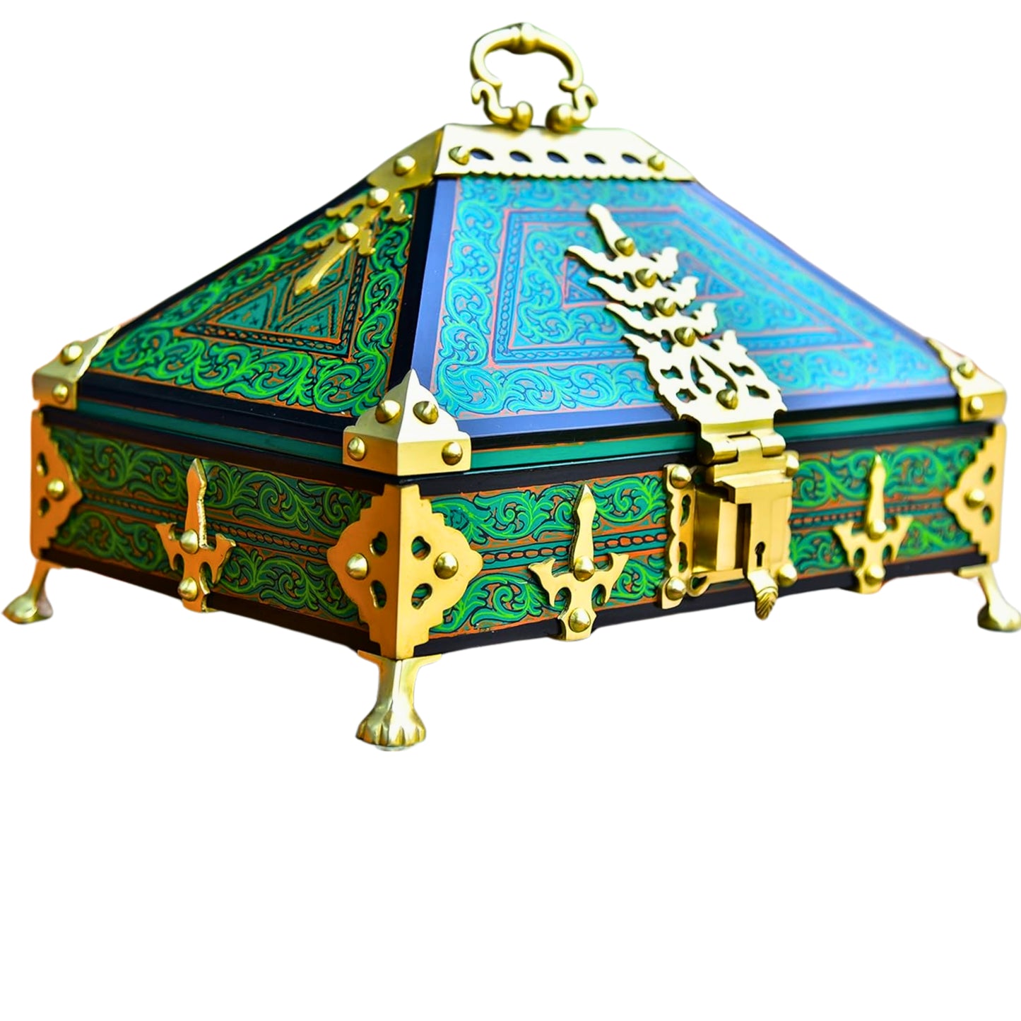 Green Kerala Nettoor Petti – 10×7 inch Handcrafted Mural Jewelry Box with Brass Detailing