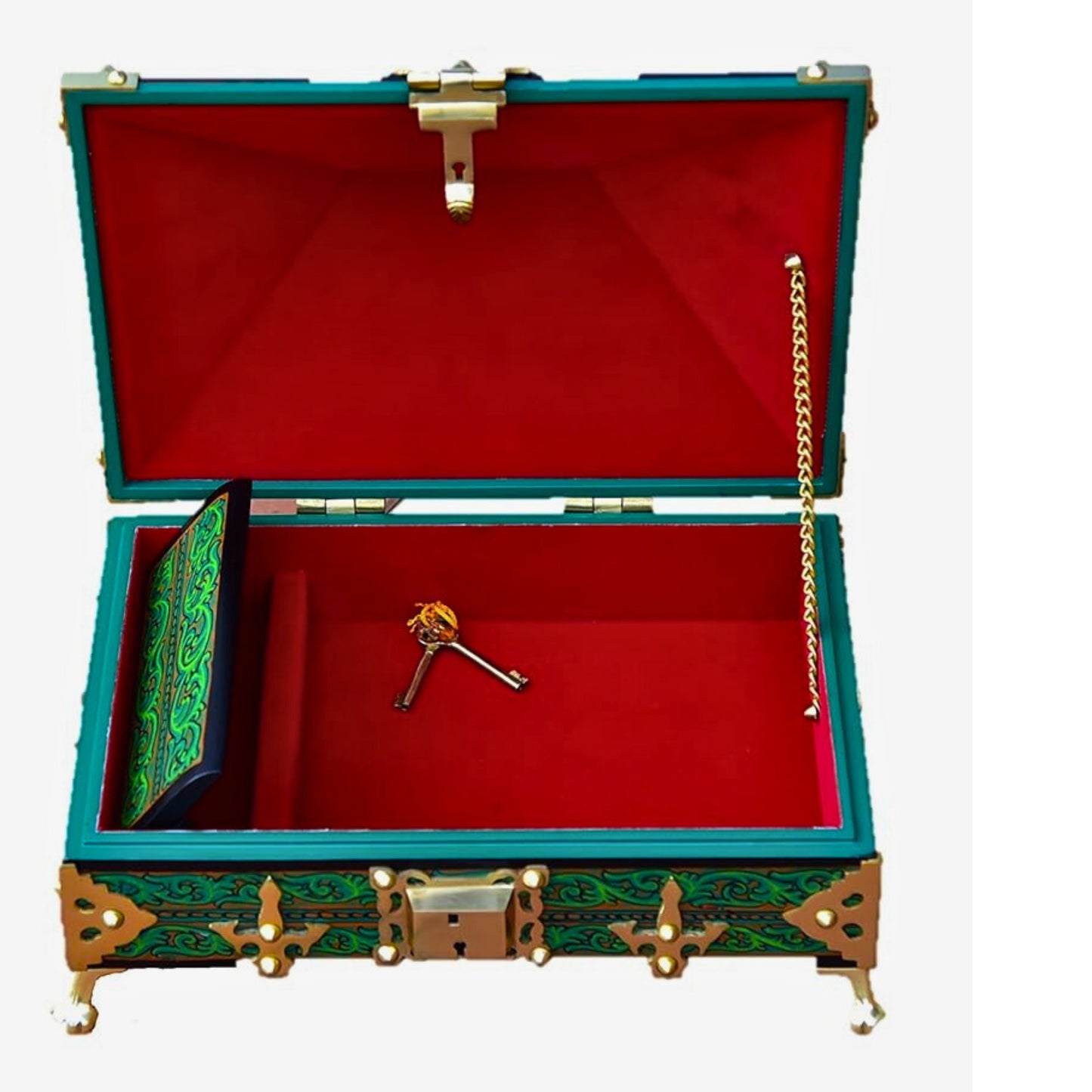 Green Kerala Nettoor Petti – 7×5 inch Handcrafted Jewel Box with Mural Art & Brass Detailing