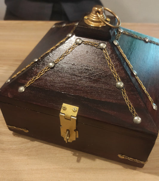Handcrafted Pyramid Wooden Jewel Box with Brass Floral Design – Velvet Lining for home decor and gifting