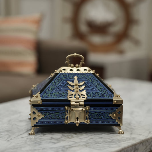 Royal Blue Nettoor Petti with Mural Painting & Lacquered Brass – 9.5 x 6.1 Inches -Traditional Kerala Jewel Box