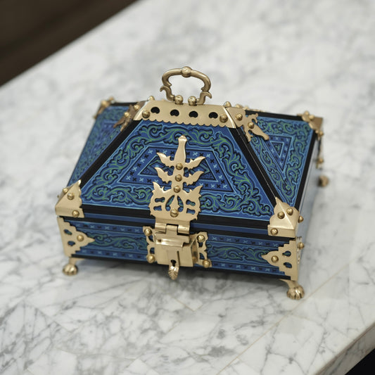 Blue Nettoor Petti with Mural Painting &  Brass Accents – 7×5 Inches Kerala Traditional Jewel Box | Handcrafted Heirloom | Ideal for Gifts & Home Décor