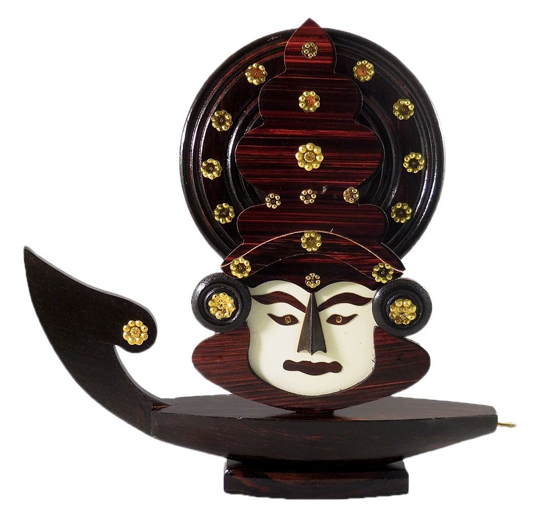 Wooden Kerala Traditional Chundan Boat Curio Miniature with Kathakali Face - 8.1 Inch Height