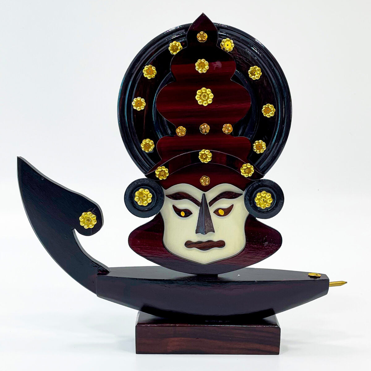 Wooden Kerala Traditional Chundan Boat Curio Miniature with Kathakali Face - 8.1 Inch Height