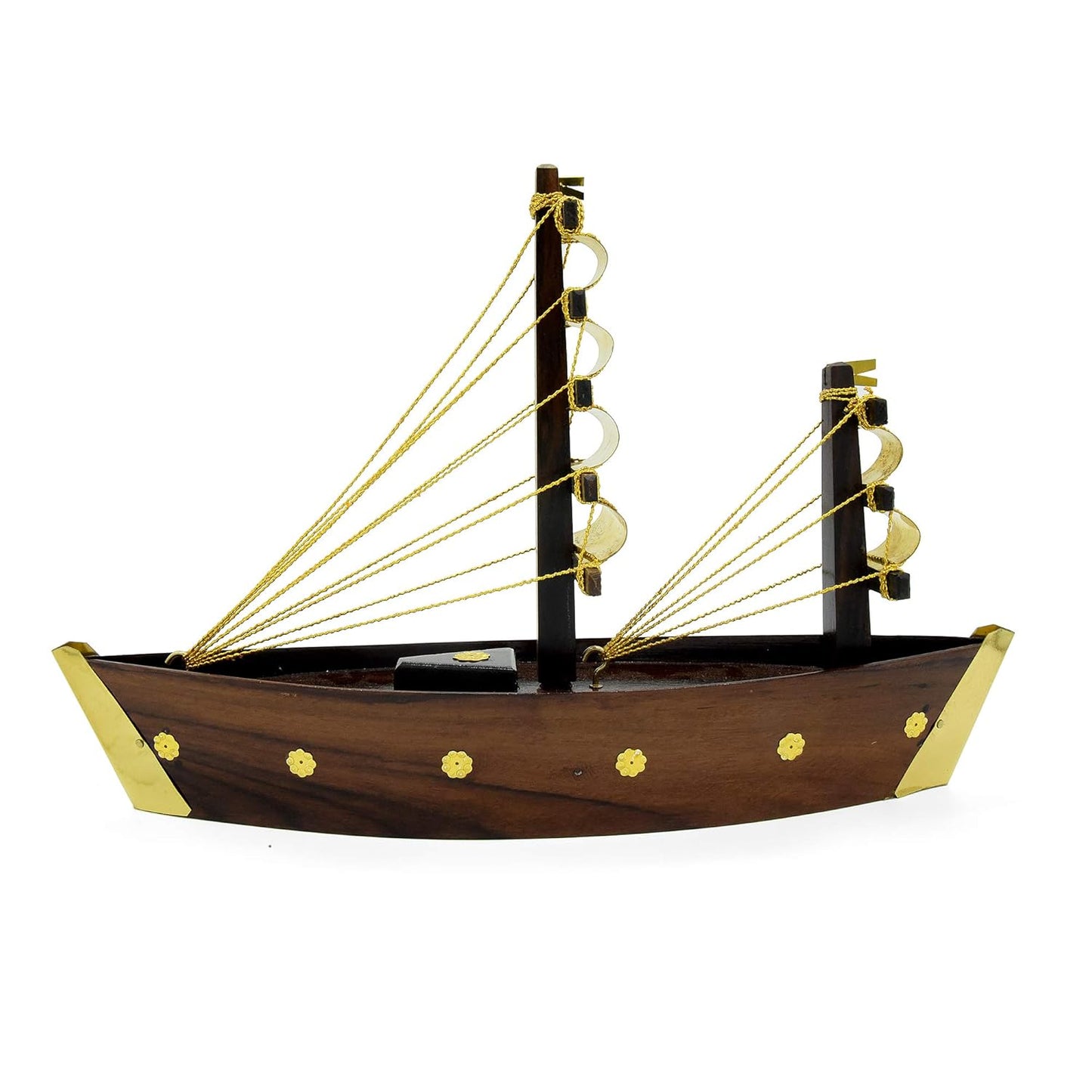 Miniature Wooden Uru Boat – Handcrafted Kerala Dhow with Brass Detailing- 14" x 11"
