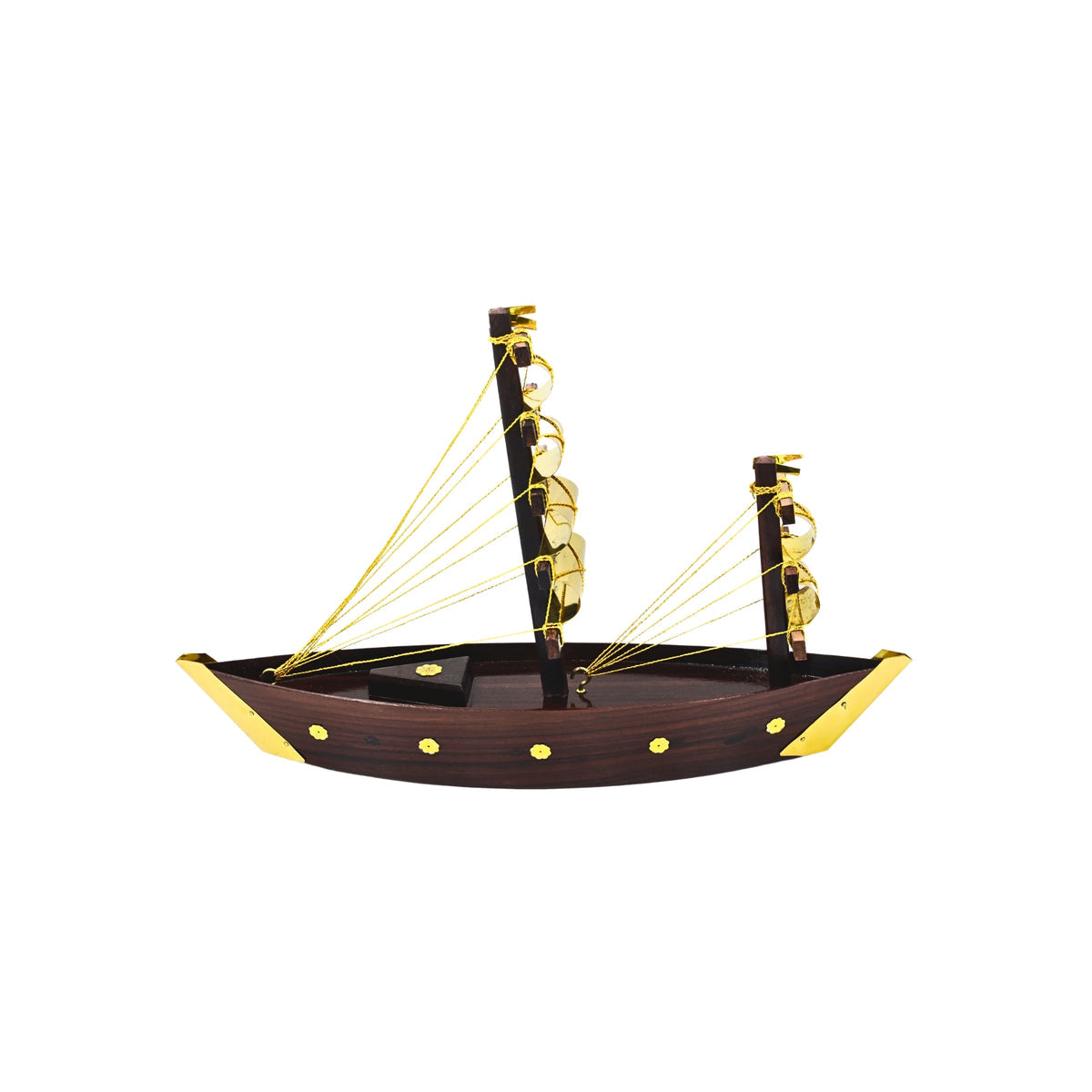 Miniature Wooden Uru Boat – Handcrafted Kerala Dhow with Brass Detailing- 14" x 11"