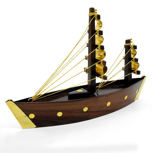 Miniature Wooden Uru Boat – Handcrafted Kerala Dhow with Brass Detailing- 14" x 11"
