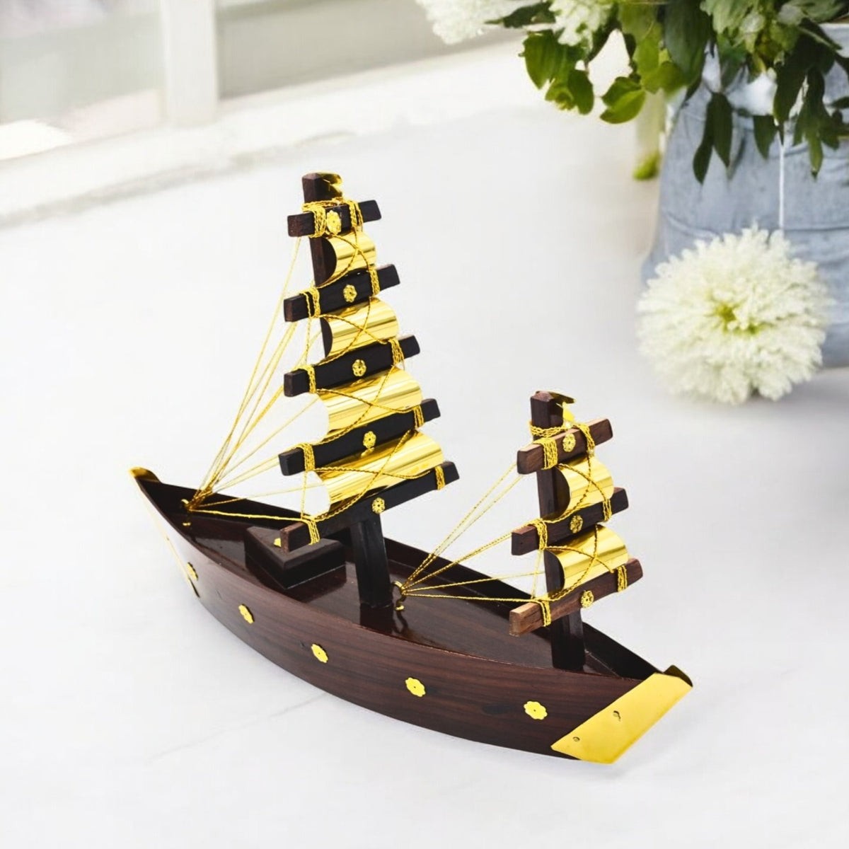 Miniature Wooden Uru Boat – Handcrafted Kerala Dhow with Brass Detailing- 14" x 11"