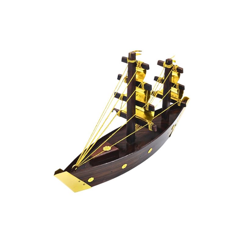 Miniature Wooden Uru Boat – Handcrafted Kerala Dhow with Brass Detailing- 14" x 11"