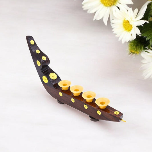Traditional Chundan Vallam Pen Holder | Rosewood Snake Boat Miniature with 4 Holders