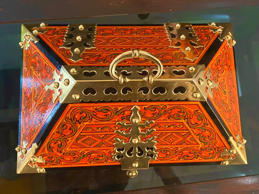 Orange Nettoor Petti with Mural Painting and Brass Accents (Kerala Traditional Jewel-Box 9 X 6 inches )