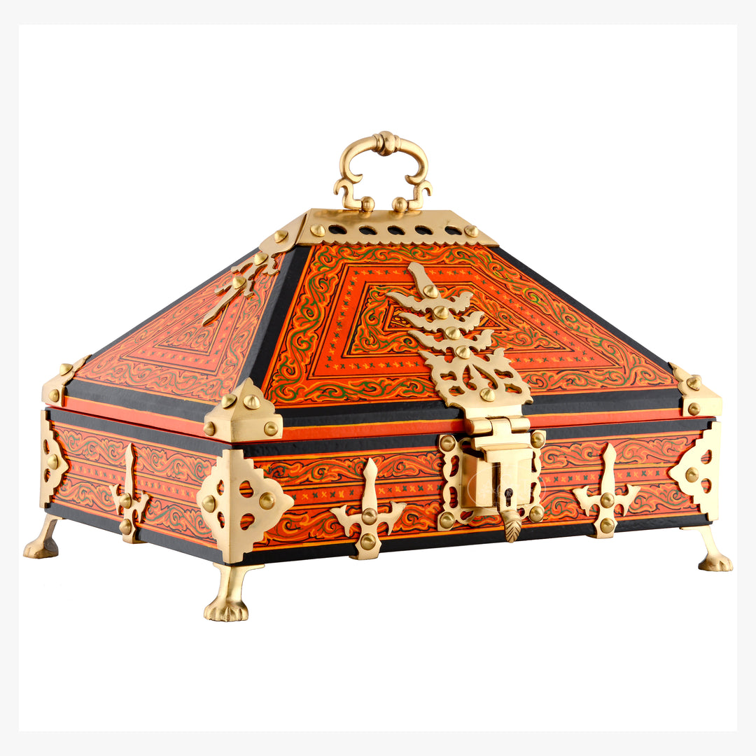 Orange Nettoor Petti with Mural Painting and Brass Accents (Kerala Traditional Jewel-Box 9 X 6 inches )