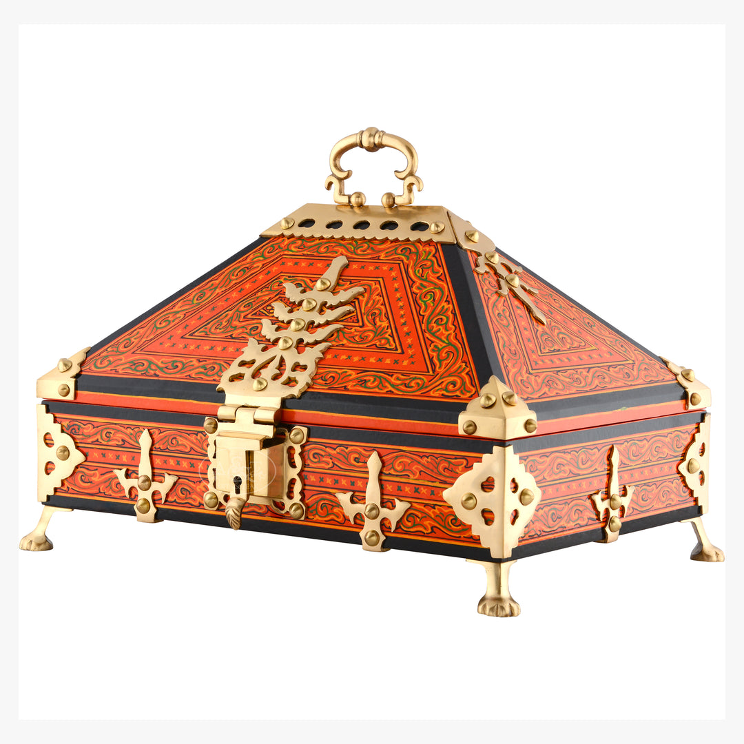 Orange Nettoor Petti with Mural Painting and Brass Accents (Kerala Traditional Jewel-Box 9 X 6 inches )