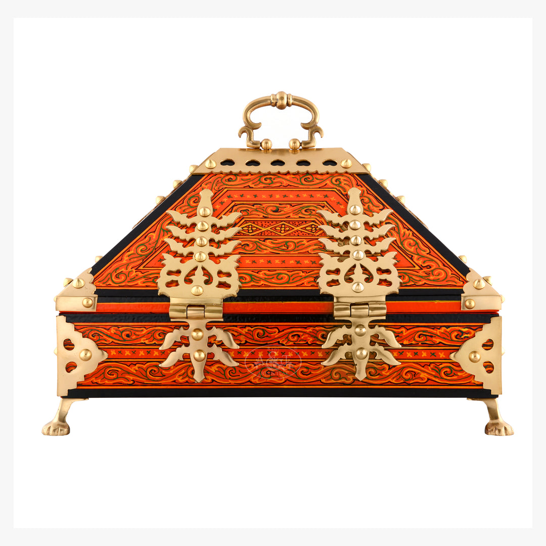 Orange Nettoor Petti with Mural Painting and Brass Accents (Kerala Traditional Jewel-Box 9 X 6 inches )