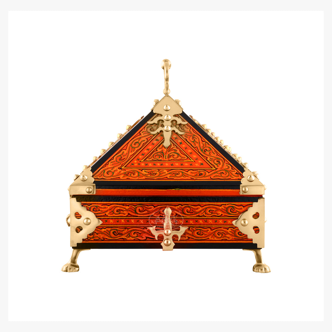 Orange Nettoor Petti with Mural Painting and Brass Accents (Kerala Traditional Jewel-Box 9 X 6 inches )