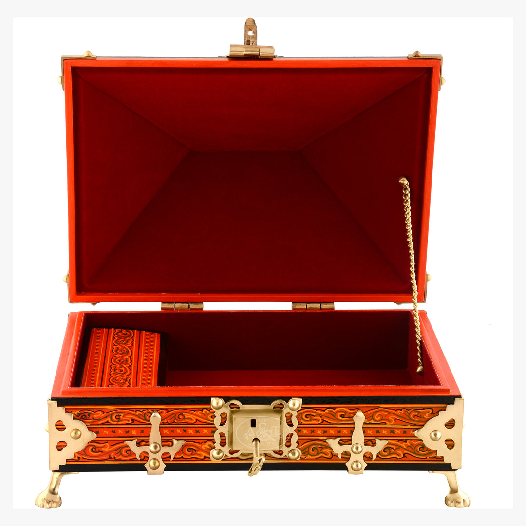 Orange Nettoor Petti with Mural Painting and Brass Accents (Kerala Traditional Jewel-Box 9 X 6 inches )