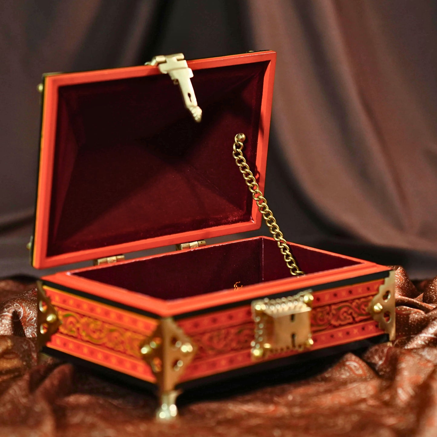 Orange Nettoor Petti – Kerala Traditional Jewel Box with Mural Painting & Brass Accents (10 x 7 in)