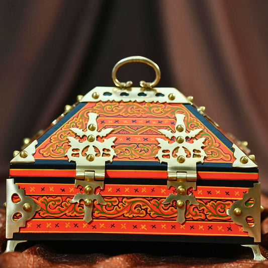 Orange Nettoor Petti with Mural Painting and Brass Accents (Kerala Traditional Jewel-Box 9 X 6 inches )