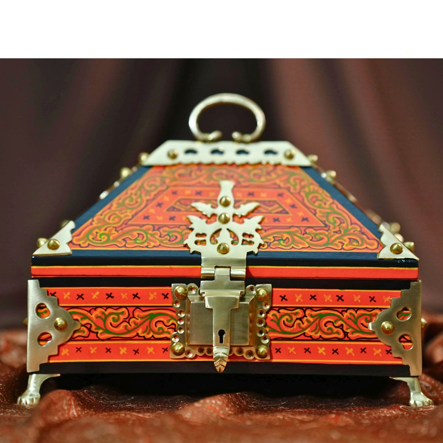 Orange Nettoor Petti with Mural Painting and Brass Accents (Kerala Traditional Jewel-Box 9 X 6 inches )