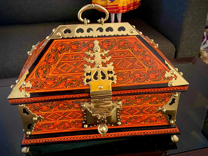 Orange Nettoor Petti with Mural Painting and Brass Accents (Kerala Traditional Jewel-Box 9 X 6 inches )