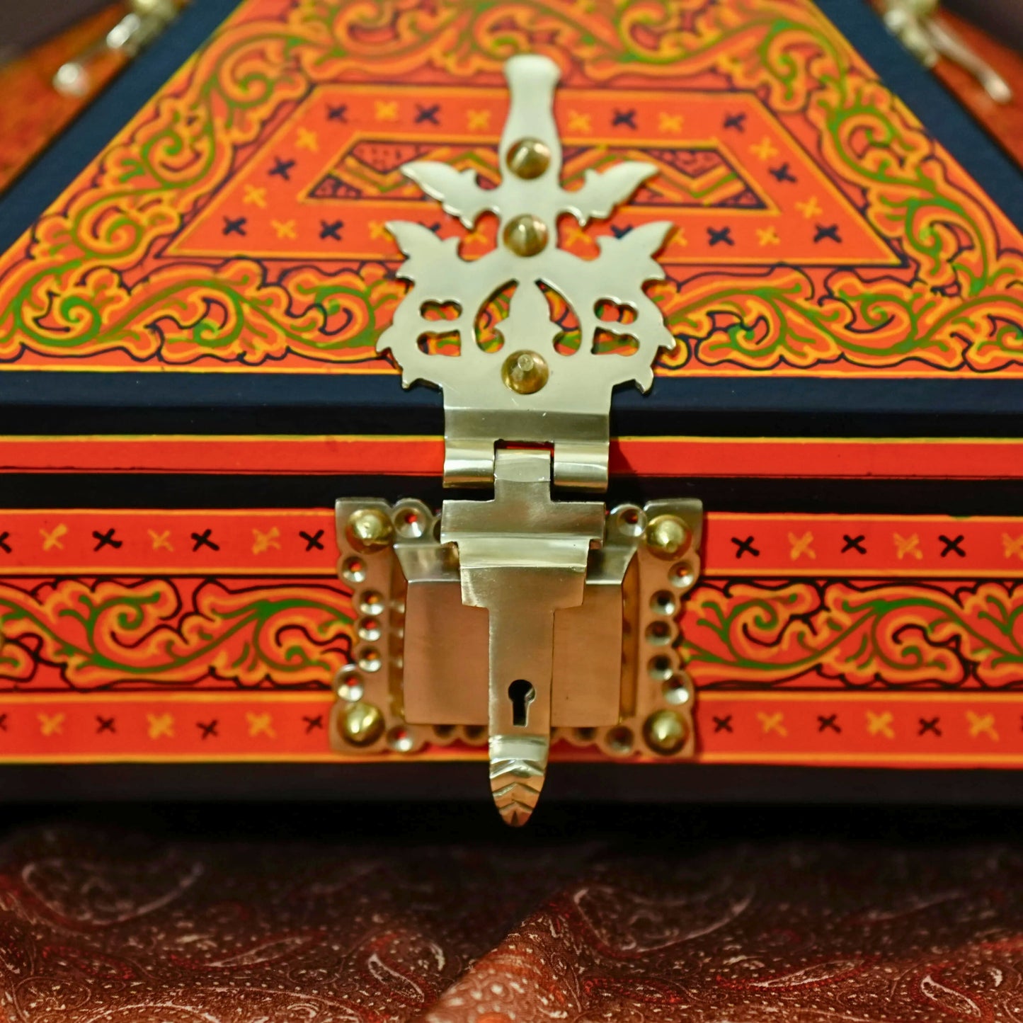 Orange Nettoor Petti with Mural Painting and Brass Accents (Kerala Traditional Jewel-Box 9 X 6 inches )