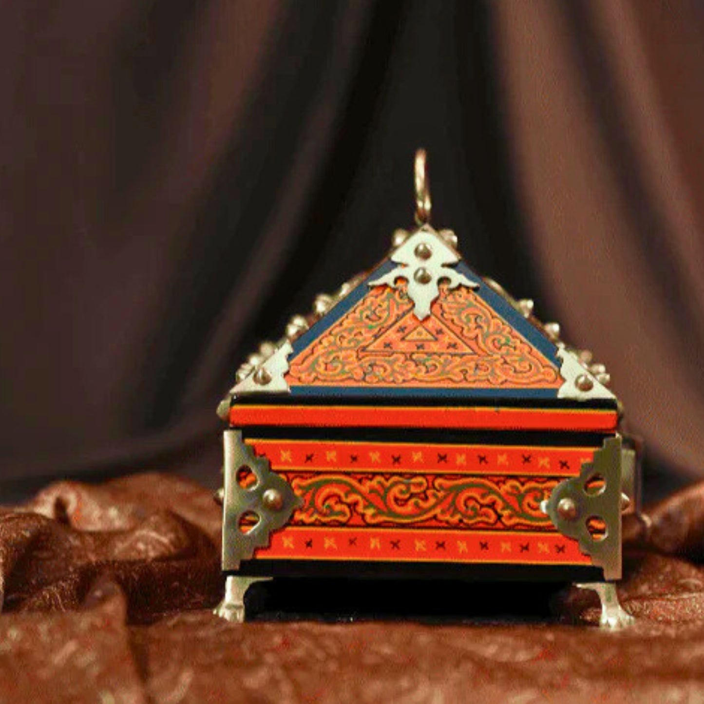 Orange Nettoor Petti with Mural Painting and Brass Accents (Kerala Traditional Jewel-Box 9 X 6 inches )