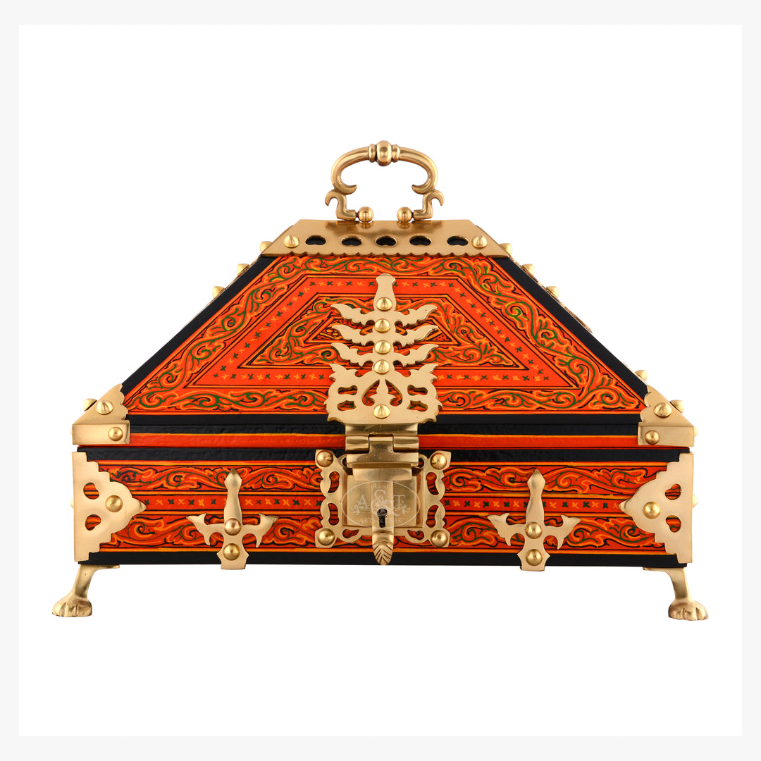 Orange Nettoor Petti with Mural Painting and Brass Accents (Kerala Traditional Jewel-Box 9 X 6 inches )