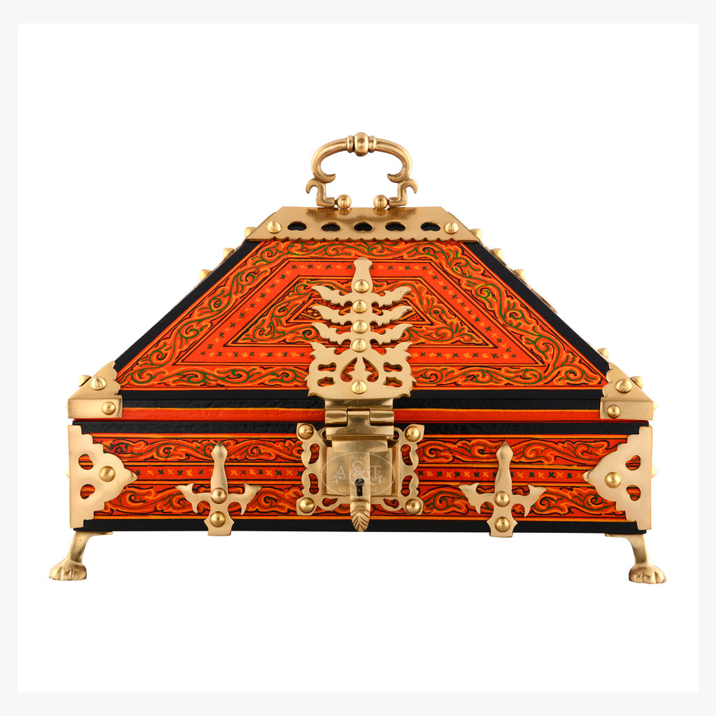 Orange Nettoor Petti – Kerala Traditional Jewel Box with Mural Painting & Brass Accents (10 x 7 in)