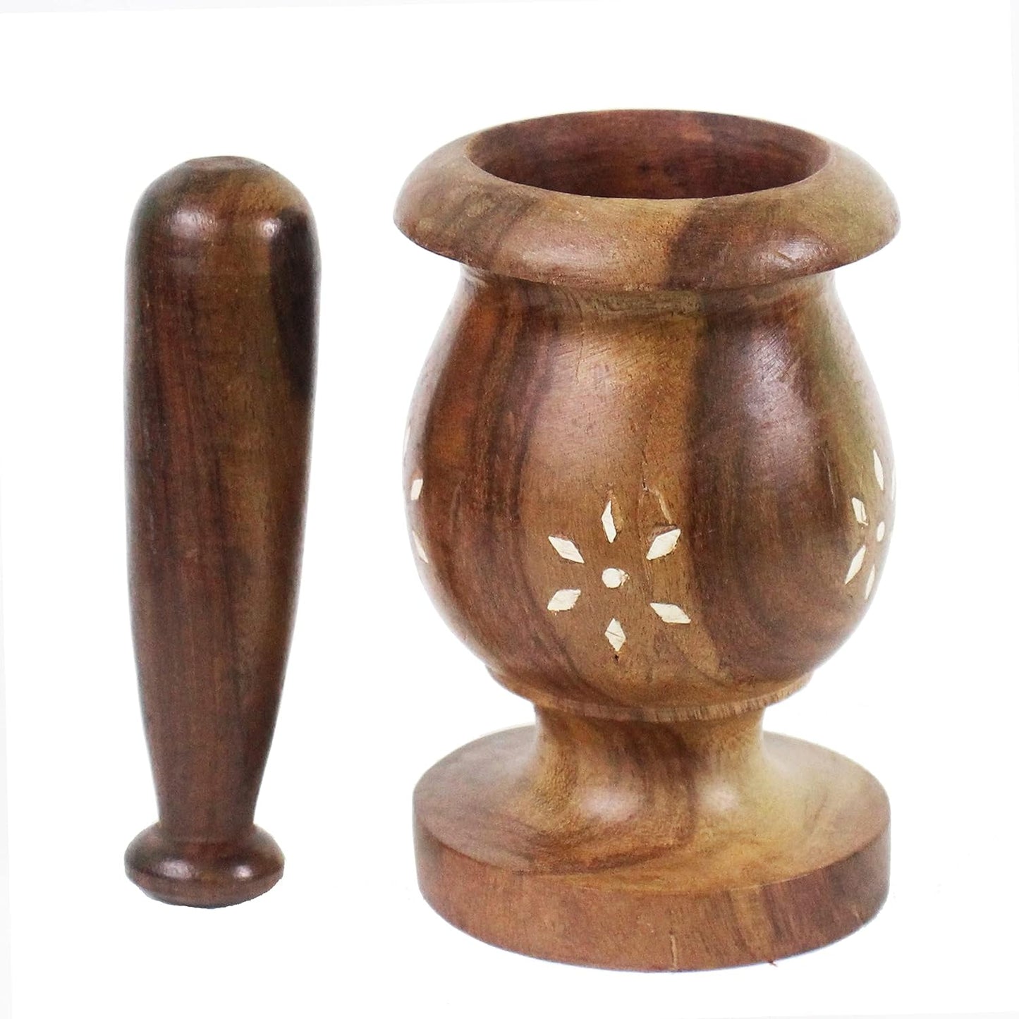 Handcrafted Wooden Kitchen Tool Set of 3: Kharal, Okhli, and Masher (Brown)