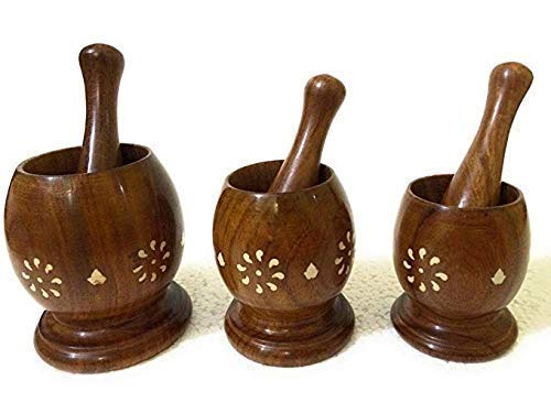 Handcrafted Wooden Kitchen Tool Set of 3: Kharal, Okhli, and Masher (Brown)