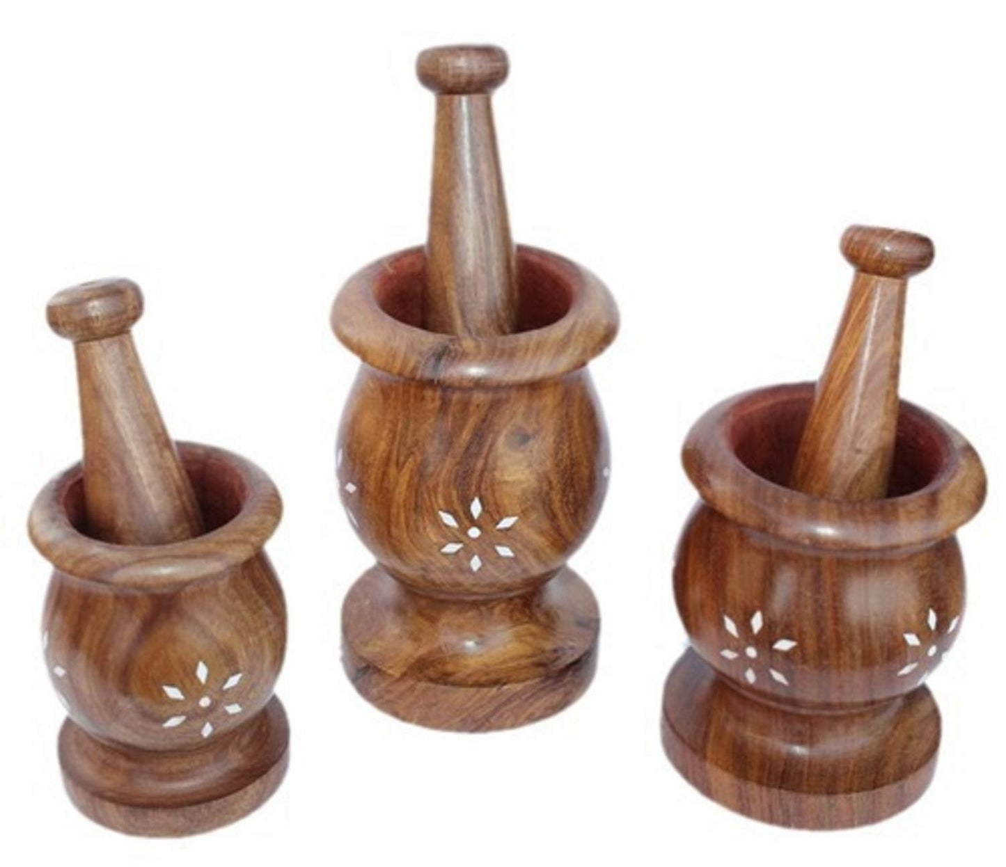 Handcrafted Wooden Kitchen Tool Set of 3: Kharal, Okhli, and Masher (Brown)