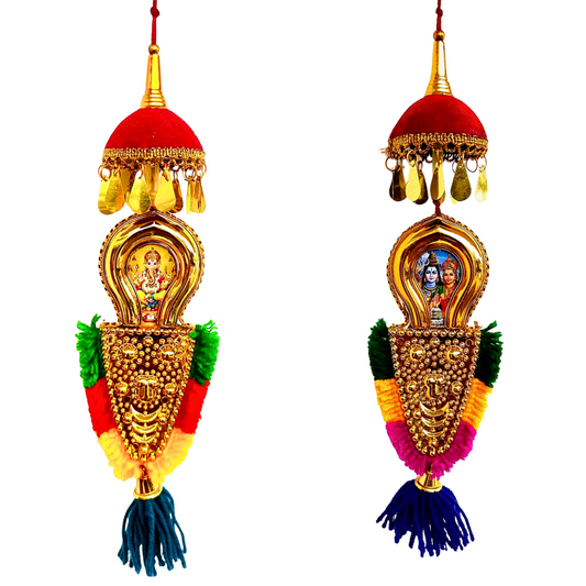 Car Hanging Nettipattam – Double-Sided Lord Krishna & Siva Parvathi Design | 7-Inch Oval Frame | Handcrafted Rearview Mirror Charm