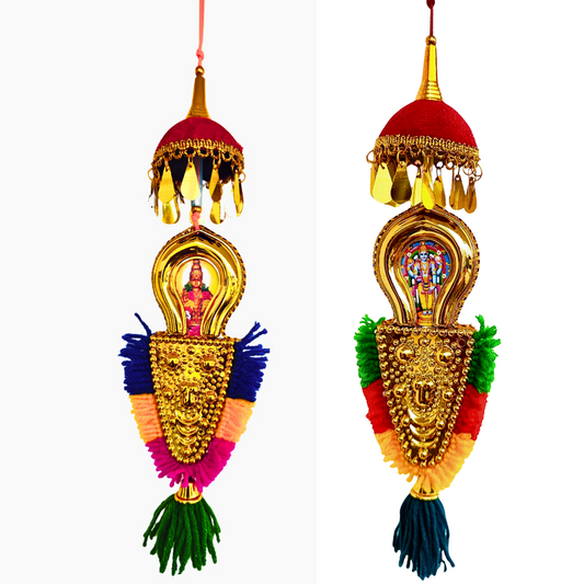 Car Hanging Nettipattam – Double-Sided Lord Ganesh & Vishnu Design | 7-Inch Oval Frame | Handcrafted Rearview Mirror Décor