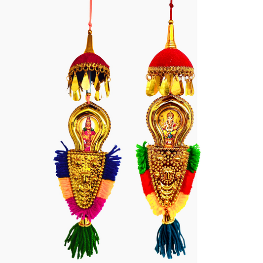 Car Hanging Nettipattom with Double-Sided Designs of Lord Ganesh &  Sree Ayyappan – 7 Inch Oval Frame | Handcrafted Rearview Mirror Charm